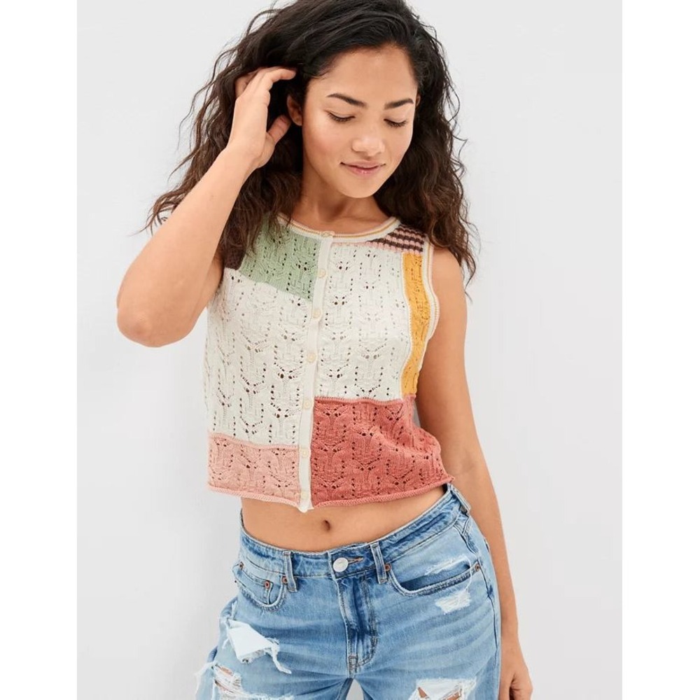 American Eagle Patchwork Pointelle Knit Button Fr… - image 1